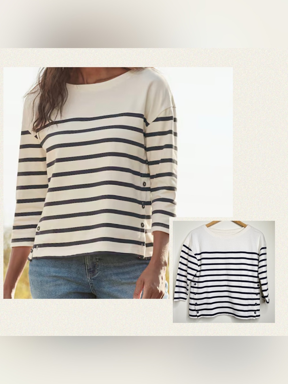 Garnet Hill Organic Cotton Top White Navy Stripes Women’s Size Small Nautical